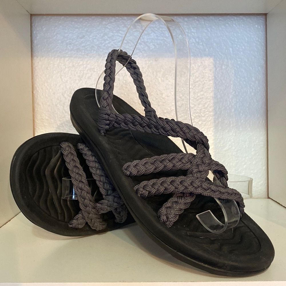 Megnya Womens Braided Grey Black Ankle Strap Comfort Flat Sandals